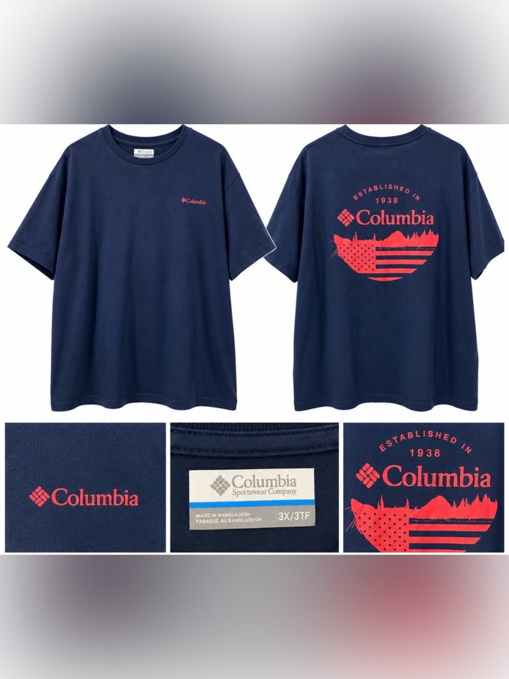 Columbia Men’s 3X Navy Graphic Short Sleeve Tee with Ameican Flag Mountain Logo